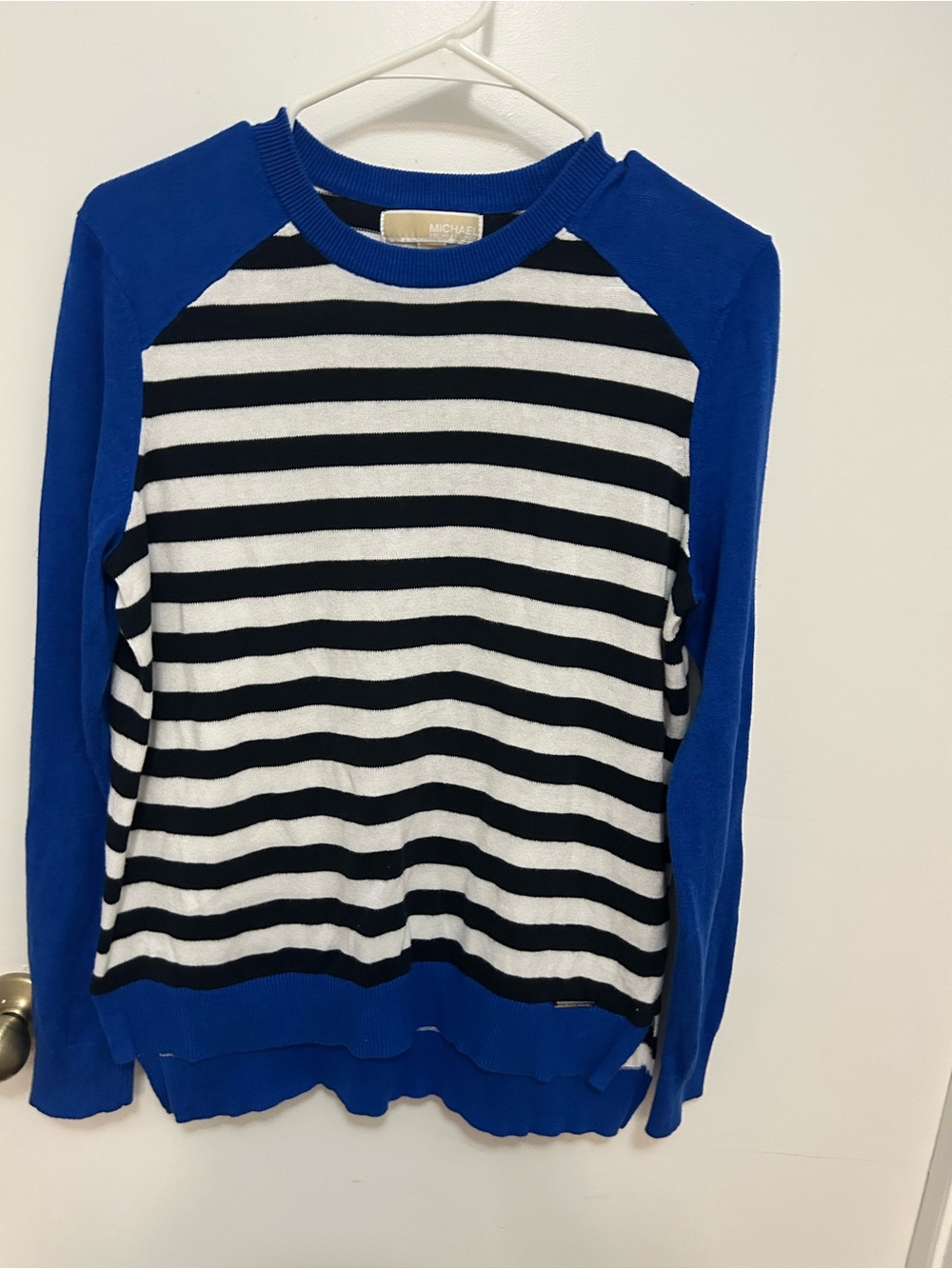 MICHAEL Michael Kors Blue Crewneck with Black & White Stripes